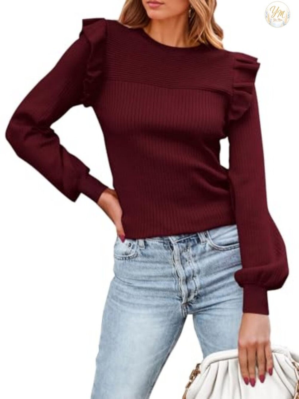 Ruffle Long Sleeve Ribbed Knit Pullover Sweater